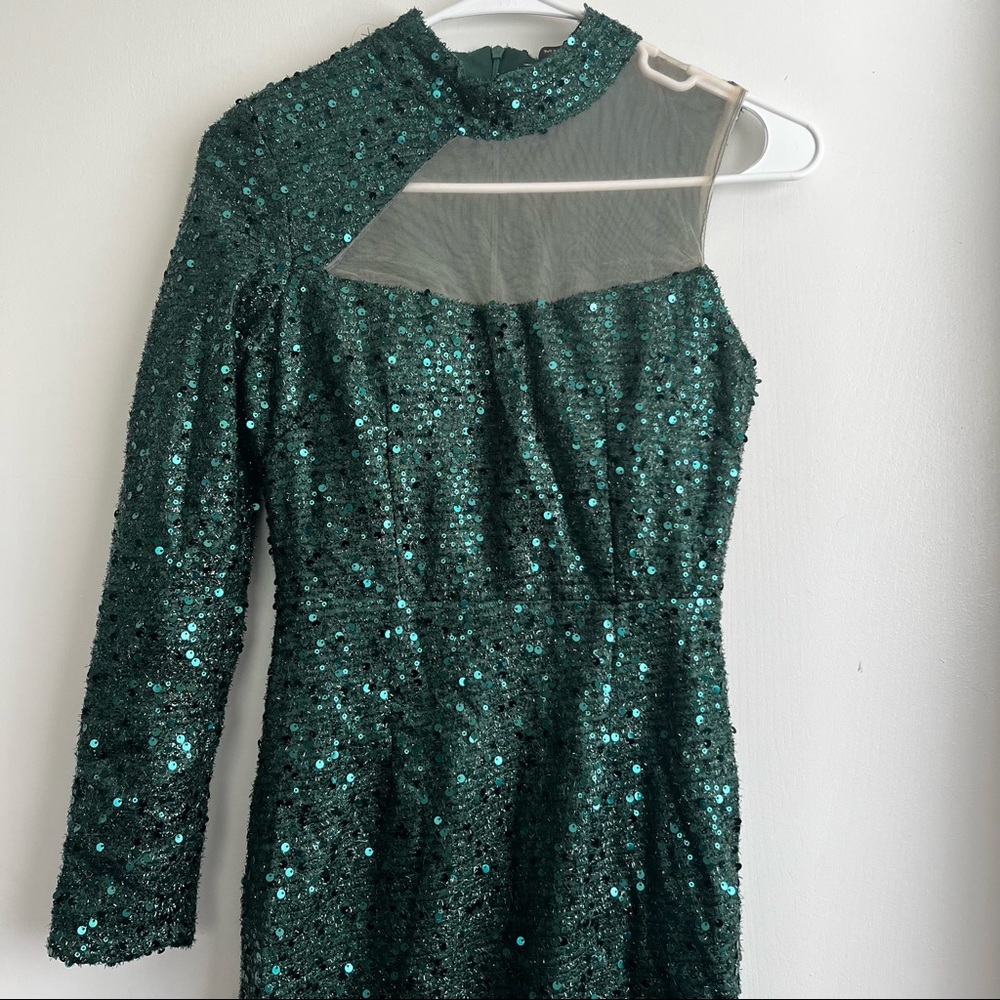 Asymmetrical neck mesh insert split thigh sequins dress